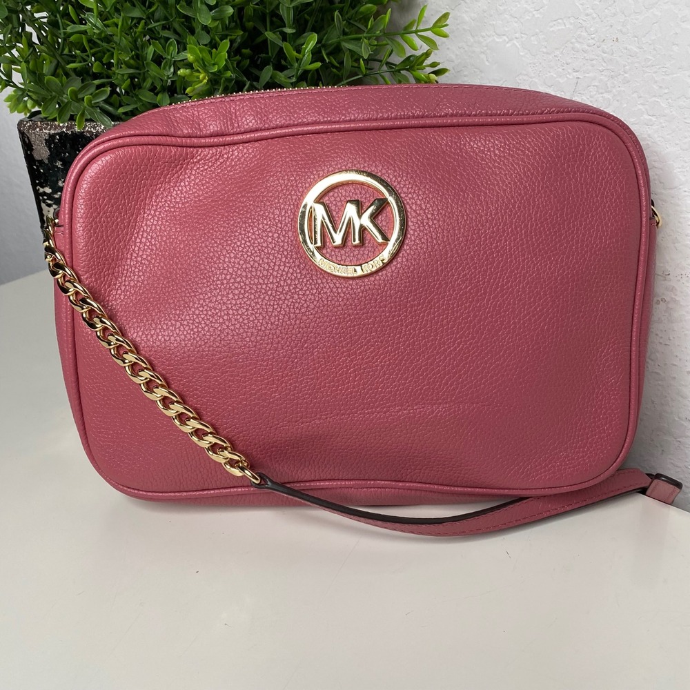 Michael Kors Fulton Leather Crossbody Purse Handbag Pink Mauve‎ Gold Chain